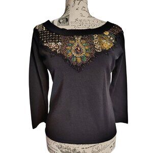 Vintage Diva by Embex Heavily Beaded Black Knit Sweater Top, Size Large READ